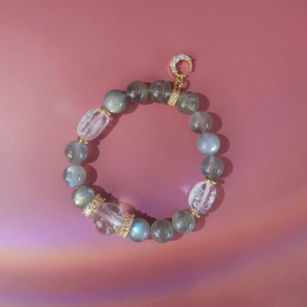 Grey moonstone and white crystal bracelet with gold details