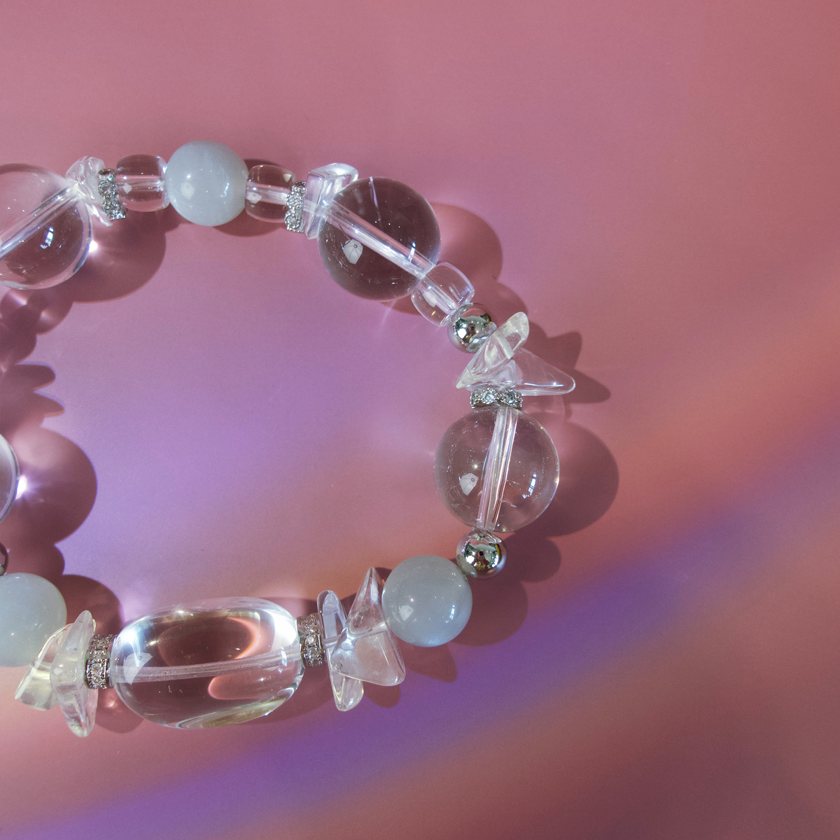 Natural clear quartz bracelet with white moonstone and silver details