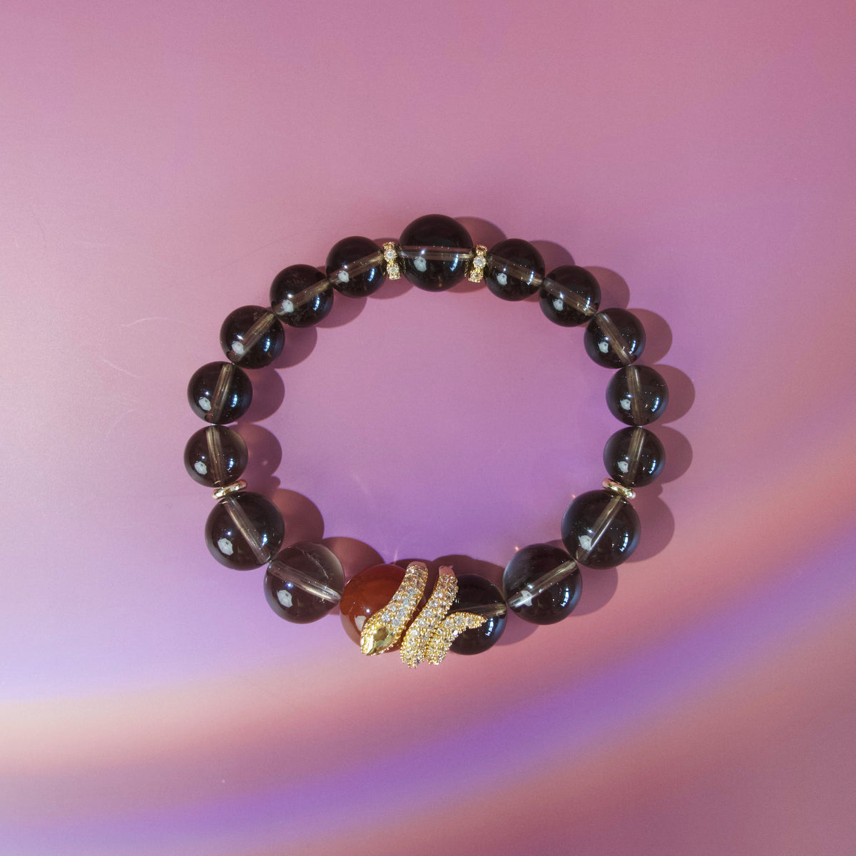 Smoky quartz and red agate bracelet with gold snake detail