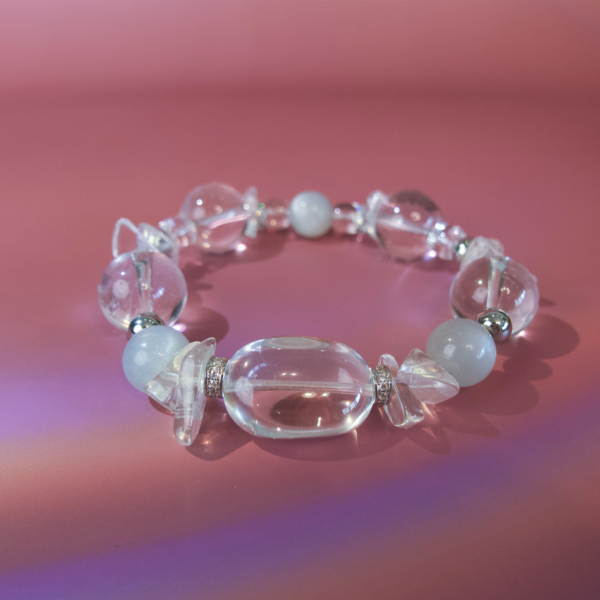 Clear quartz and white moonstone bracelet with statement crystal focal bead